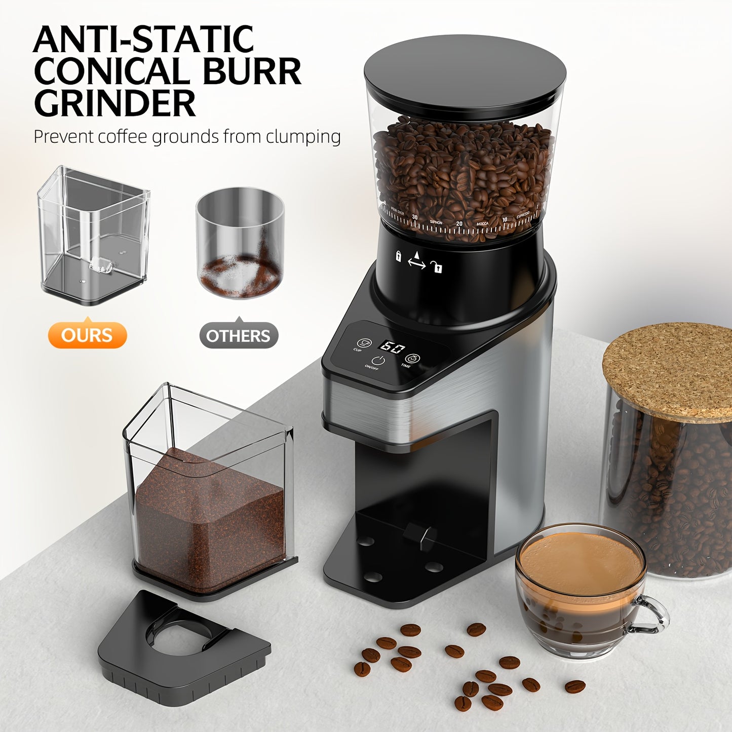 Burr Coffee Grinder with 60 Grinding Settings | Electric Coffee Bean Grinder for Home Use with 60 Seconds Timer, 1-8 Cup Capacity, Touch Screen, Anti-static, 430 Stainless Steel, Black