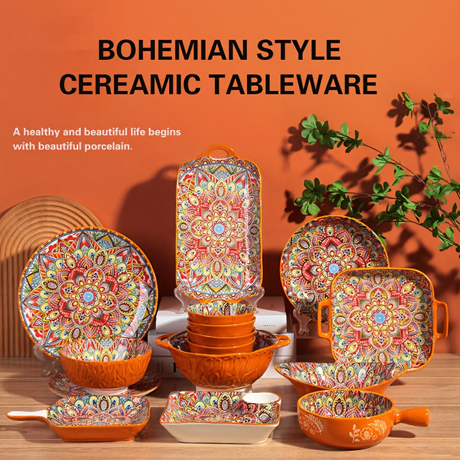 Bohemian Ceramic Tableware Set (8-Piece) – Scratch-Resistant & Microwave Safe