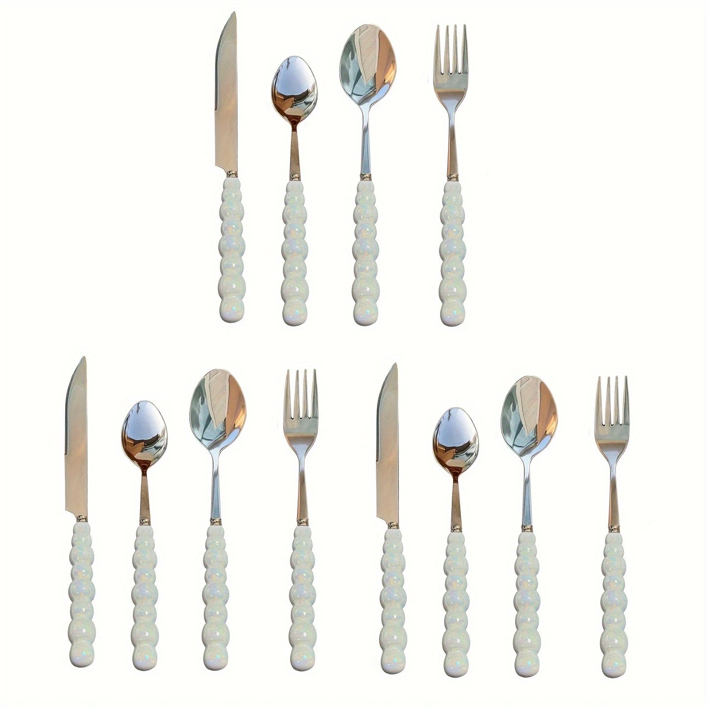 3/4/9/12 Beautiful Pearl-Shaped Stainless Steel Cutlery Sets with Ceramic Handle Table Knives, Dessert Spoons, Forks, and Spoons - Elegant Kitchen Tools and Accessories Perfect for Daily Family Dining, Birthday Parties, and H