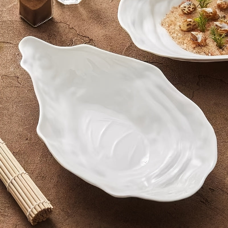 White Shell-Shaped Ceramic Serving Plate Set (2-Piece) – Oyster Design, Microwave Safe