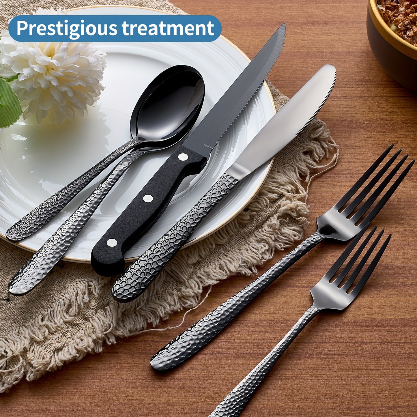 36/5pcs Of Black Tableware Set - Hammer Pattern Design - Western Utensils Knife, Fork, Spoon, Highly Recommended For Use In Restaurants, Banquets, And Weddings - Suitable For Families Of 5-10 People, Dishwasher Safe, Hallowee