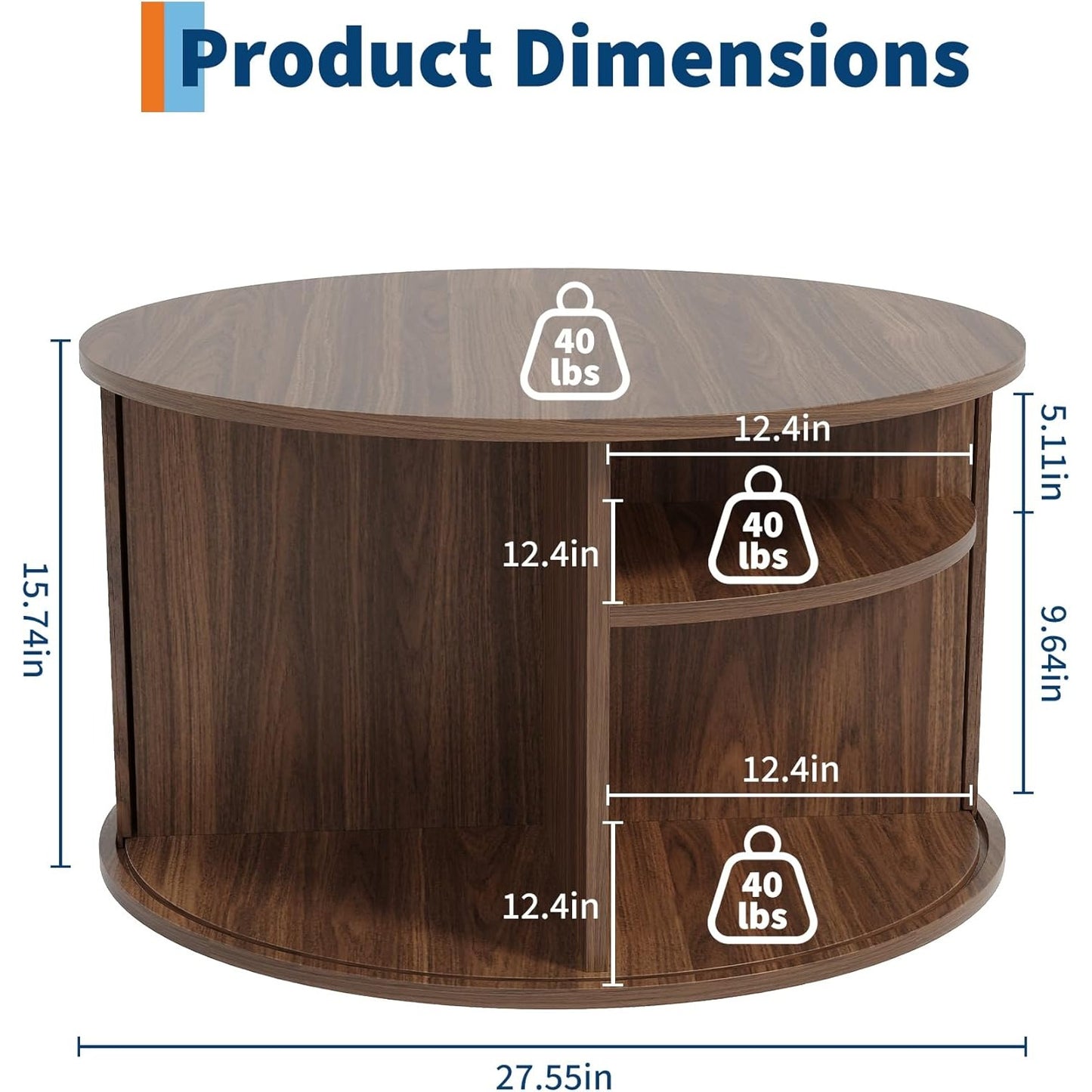 28” Round Coffee Table with Storage – Modern Fluted Accent Table with Sliding Tambour Door