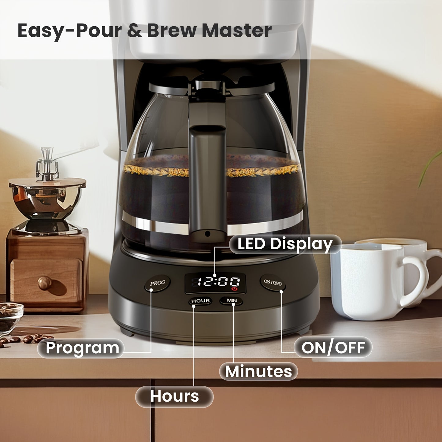 Drip Coffee Maker with Coffee Pot, Portable Coffee Maker with 25.36oz Water Tank, 30s Anti-Drip Function, Removable Funnel, One-Touch Switch, Dry Boil Protection, Black