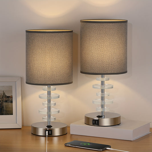 USB Table Lamps Set Of 2, Crystal Bedside Nightstand Lamps with 2 USB Ports, Desk Lamps with Gray Fabric Shade for Bedroom Living Room Office College Dorm