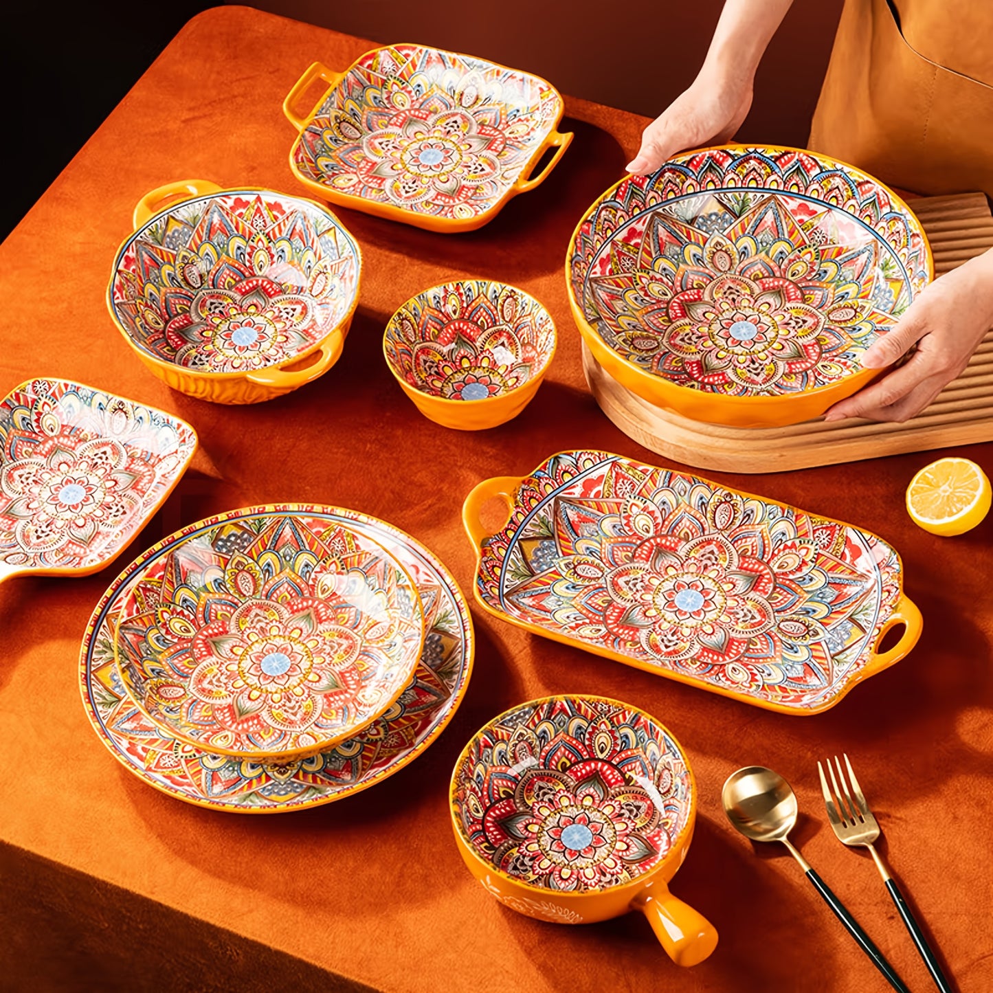 Bohemian Ceramic Tableware Set (8-Piece) – Scratch-Resistant & Microwave Safe