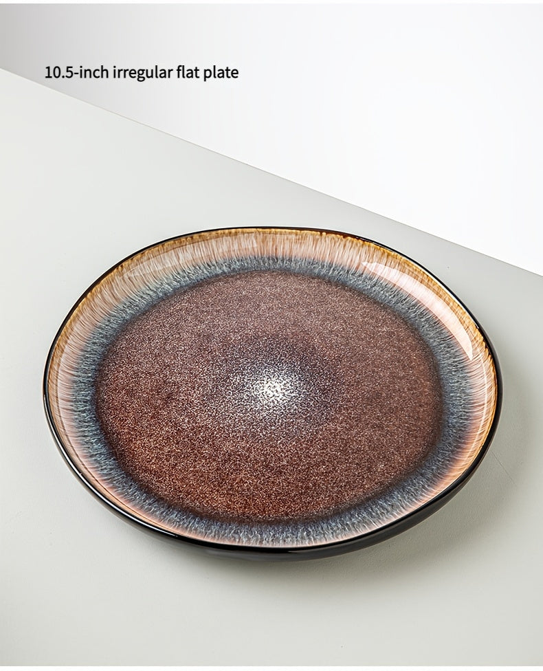 Brown Flame Glaze Ceramic Dinnerware Set (12-Piece) – Modern Plates & Bowls for 4