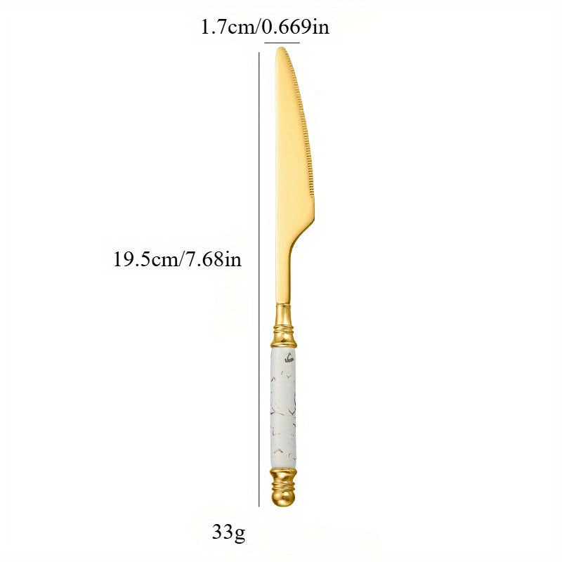 Stylish Stainless Steel Cutlery with a Marble Design, Featuring Vintage Ceramic Handles, Perfect for Upscale Western Meals, Desserts, And Tea Service