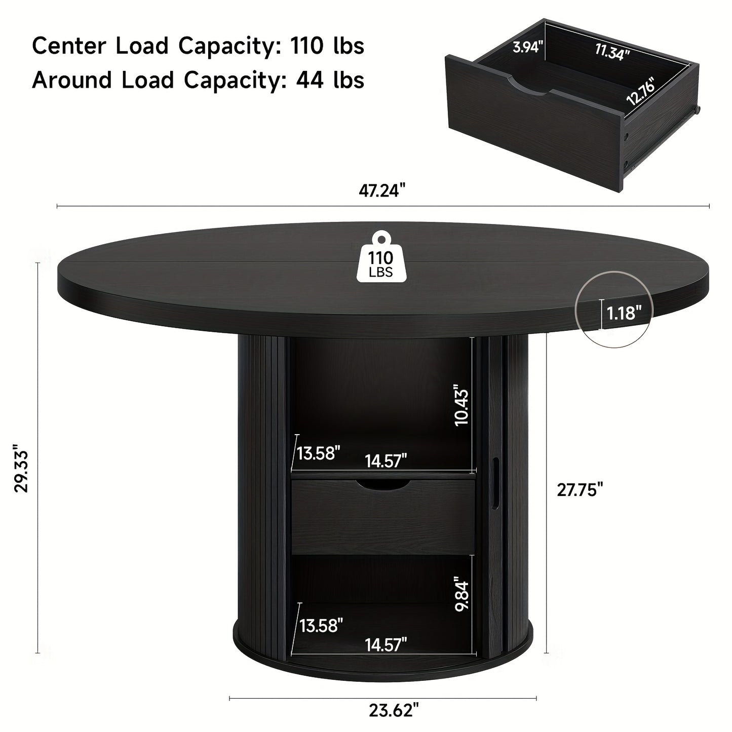 Round Dining Table with Storage – Sliding Doors & Drawer (47”)