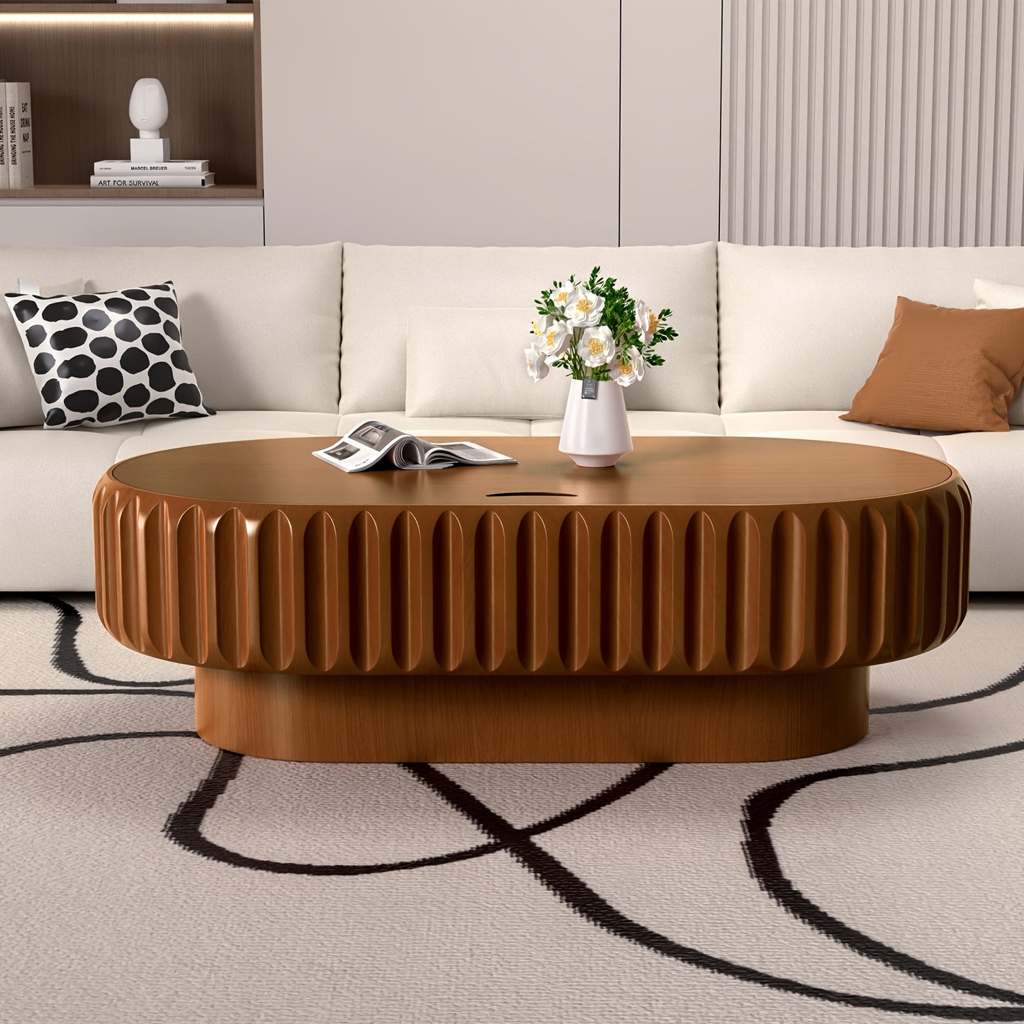 43” Oval Fluted Coffee Table with Storage – Modern Low Drum Center Table