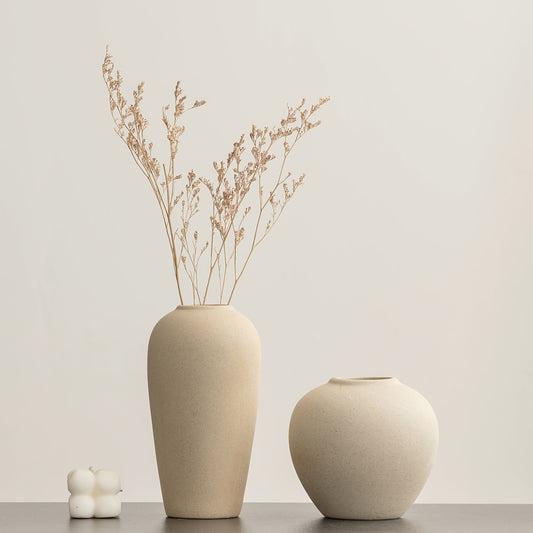 Natural Clay Ceramic Vase - Rustic Round Cylindrical Vase with Terracotta Tones, Coarse Ceramic Pot for Decor, Farmhouse Table Centerpiece, Zen Meditation Space Decoration - Ceramic Flower Vase for Dried Flowers Arrangement