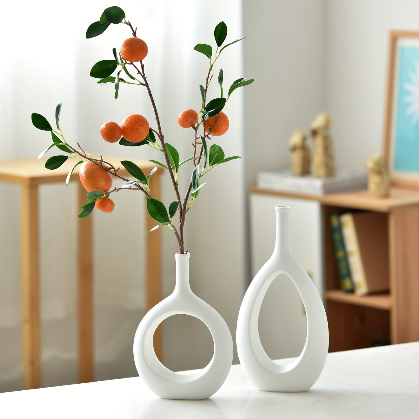 2pcs Ceramic Flower Vase, Hollow Oval Vase For Home Décor Office Decoration, Modern Geometric Vases Figurines Ornament For Living Room Bedroom Dining Table