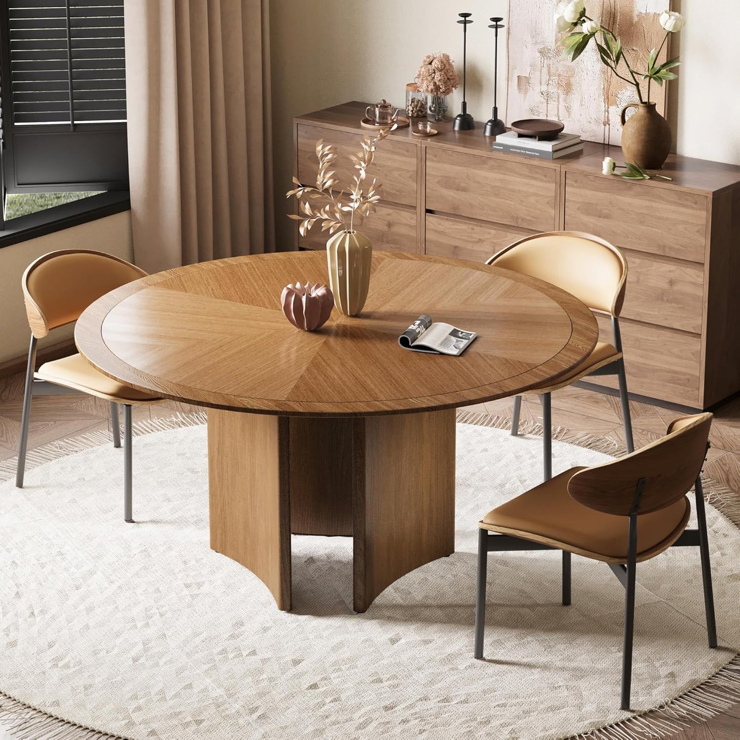 Round Walnut Dining Table – Modern Pedestal Table for 4–6 People (59.05”)