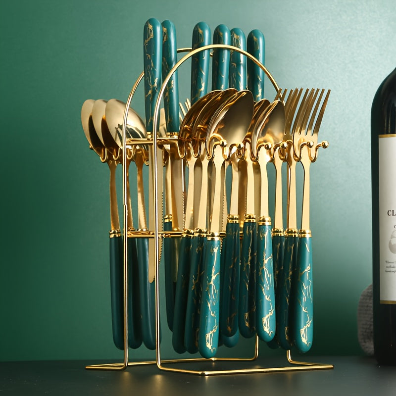 [Ideal Gift] 24pcs Stainless Steel Flatware Set with Steak Knife Holder - Elegant Modern Nordic Dark Green - Heavy Duty 304 Stainless Steel, Durable and Smooth Surface, Ideal Gift Box for Home and Hotel Dining - Complete Cutl