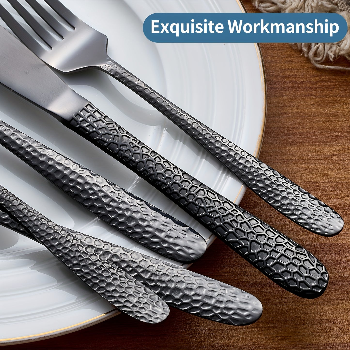 36/5pcs Of Black Tableware Set - Hammer Pattern Design - Western Utensils Knife, Fork, Spoon, Highly Recommended For Use In Restaurants, Banquets, And Weddings - Suitable For Families Of 5-10 People, Dishwasher Safe, Hallowee