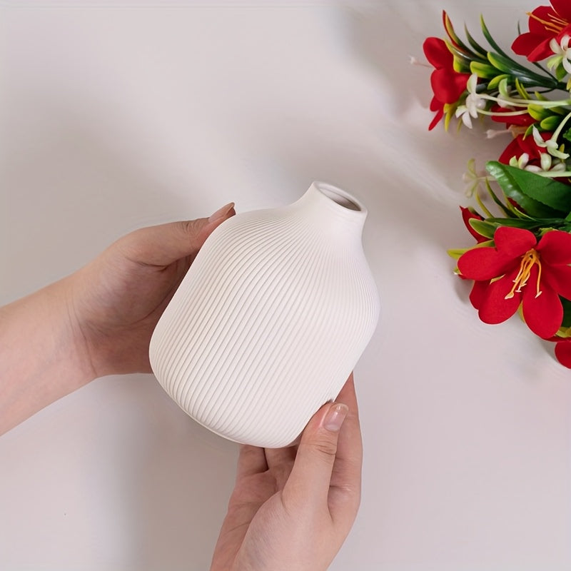 [Ceramic Vase Set] Ceramic Vase Simple European Style White Striped Unglazed Dry Flower Vase Home Decor Craft Ornament Vase Set