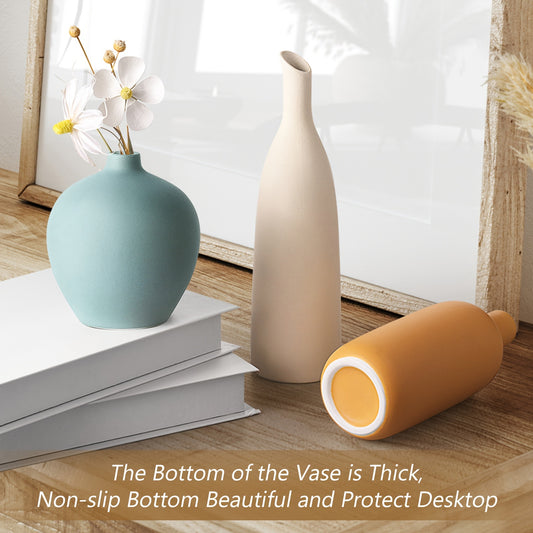 Colorful Ceramic Vase Set of 3 - Small Vases Minimalism Style for Modern Home Farmhouse Living Room Shelf Table Bookshelf Mantel Entryway Decor