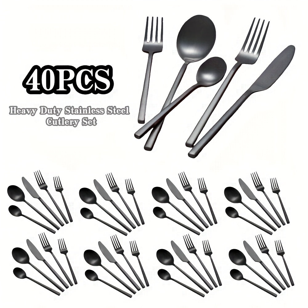 40pcs Luxury Black Matte Stainless Steel Cutlery Set, Knife Fork Spoon Western Flatware Set, Dishwasher Safe, Perfect for Home, Restaurant, Hotel, Parties & Weddings, Serves 6 People
