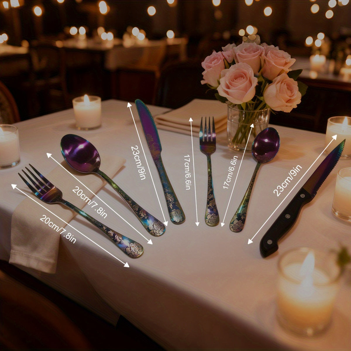 24pcs Stainless Steel Silverware, 4-Person 6pcs Laser-Etched Flatware Set, Flat Cutlery Set, Knife Fork Spoon Chopsticks Set, Suitable for Home, Hotel, Gatherings, Camping, Gifts - Vibrant Colors/Black