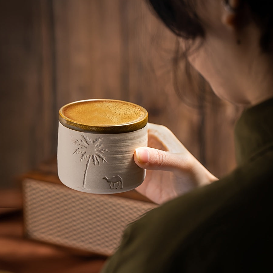 1pc YUMIPLUS Hand-Carved Desert Camel & Arabic Stoneware Coffee Cup - Ceramic Espresso, Tea, and Hot Beverage Vessel Suitable for Latte, Cappuccino, Cocoa - Middle Eastern