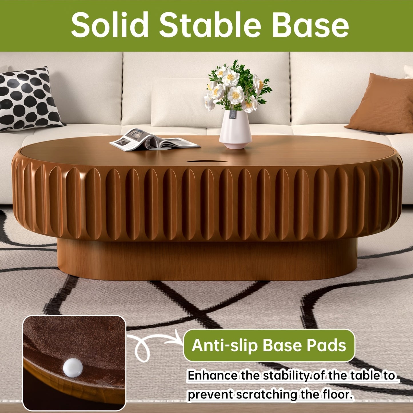 43” Oval Fluted Coffee Table with Storage – Modern Low Drum Center Table