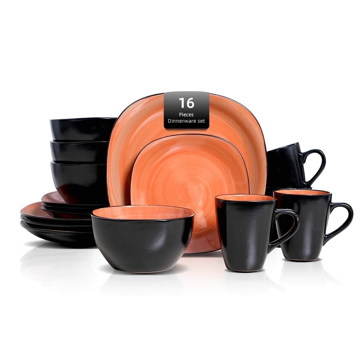 Hand-Brushed Square Stoneware Dinnerware Set (16-Piece) – Black Trim Plates & Bowls for 4
