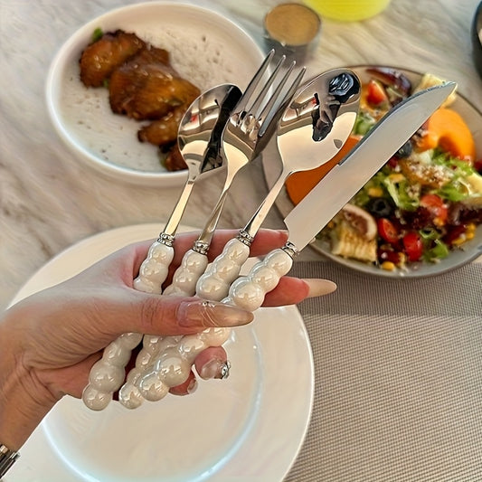 3/4/9/12 Beautiful Pearl-Shaped Stainless Steel Cutlery Sets with Ceramic Handle Table Knives, Dessert Spoons, Forks, and Spoons - Elegant Kitchen Tools and Accessories Perfect for Daily Family Dining, Birthday Parties, and H