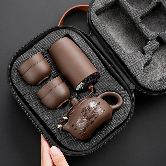 Portable Chinese Ceramic Purple Clay Tea & Coffee Set - One Pot & 4 Cups Travel Tea Suitable for, Camping, Office, Gift for, - Ceramic Tea Set with Storage Bag, Coffee/ Tea Cups
