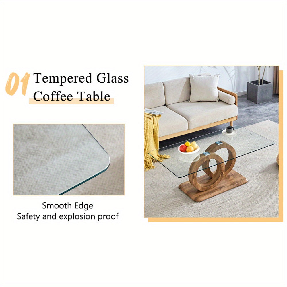 Modern Glass Top Coffee Table – Natural Wood Base Center Table (47.2")
