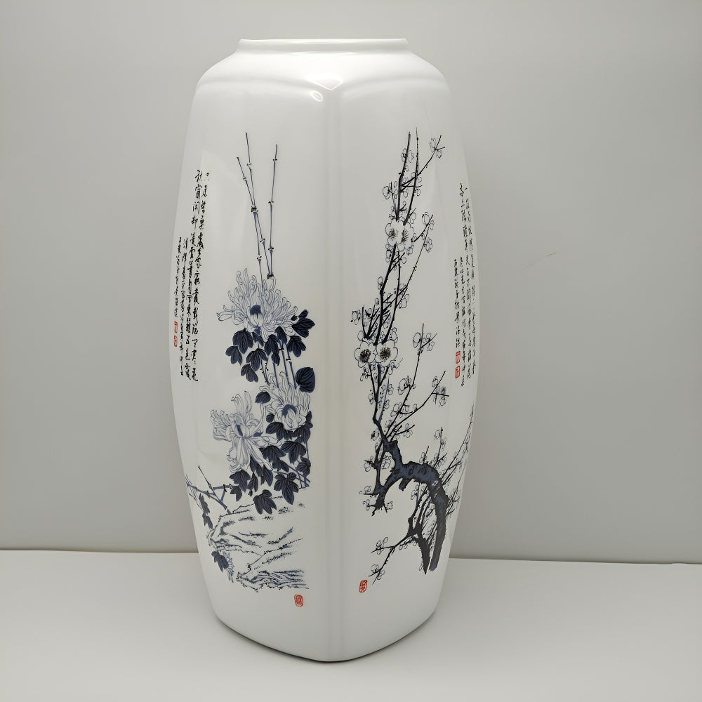 Modern Vase, 12.6inch Ceramic Vase for Home Decor, Flowers, Hydroponic Plants, Wedding, Centerpiece, St Patrick's Day, Easter, Spring Decor, Designer Recommended.Square Ceramic Vase Decorated with the "Four Gentlemen"(Plum, O