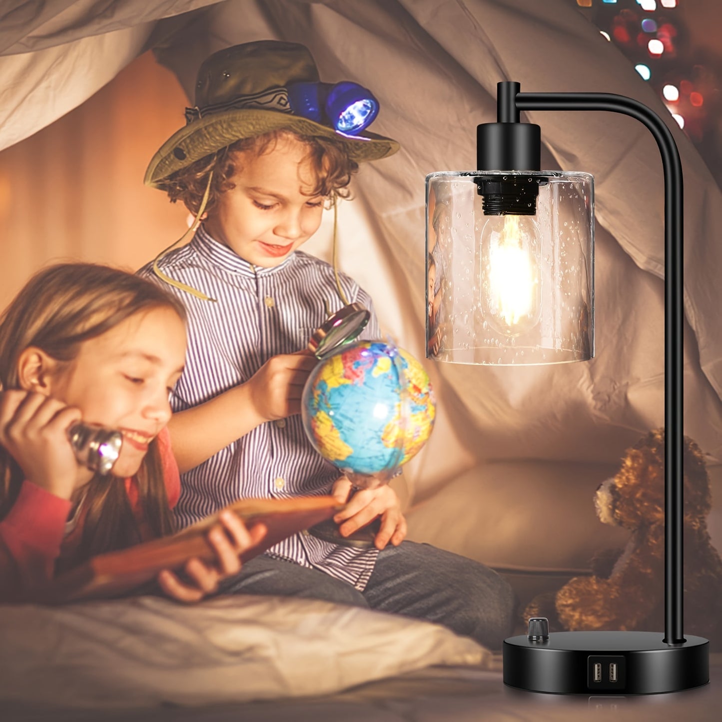 Set of 2 Industrial Table Lamps with 2 USB Port, Fully Stepless Dimmable Lamps for bedrooms, Bedside Nightstand Desk Lamps with Seeded Glass Shade for Reading Living Room Office 2 LED Bulb Included