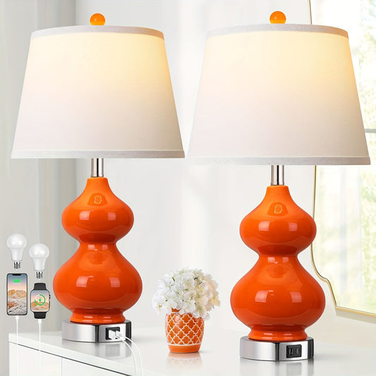 3 Color Temperature Table Lamps For Living Room Set Of 2, Orange Ceramic Bedside Lamps With USB A And C Ports, Nightstand Lamp With White Fabric Shade, Modern Double Gourd Lamps For Home Decor