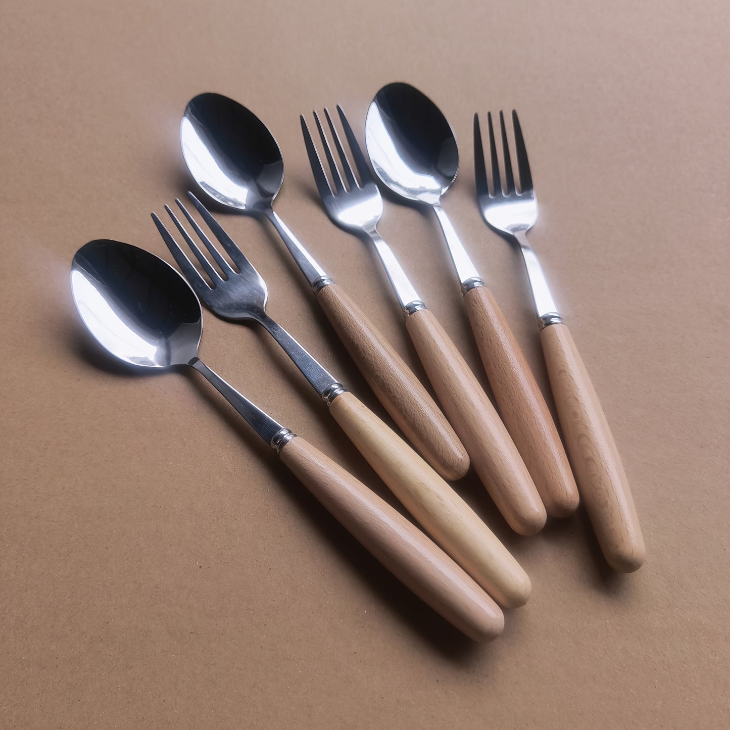 6pcs/10pcs Elegant Beech Wood Handle Stainless Steel Flatware Set with Ergonomic Grip for Home, Travel, Office, Formal and Everyday Dining, Includes Spoons and Forks, Suitable for Picnics and Parties, Easy to Clean, Essential