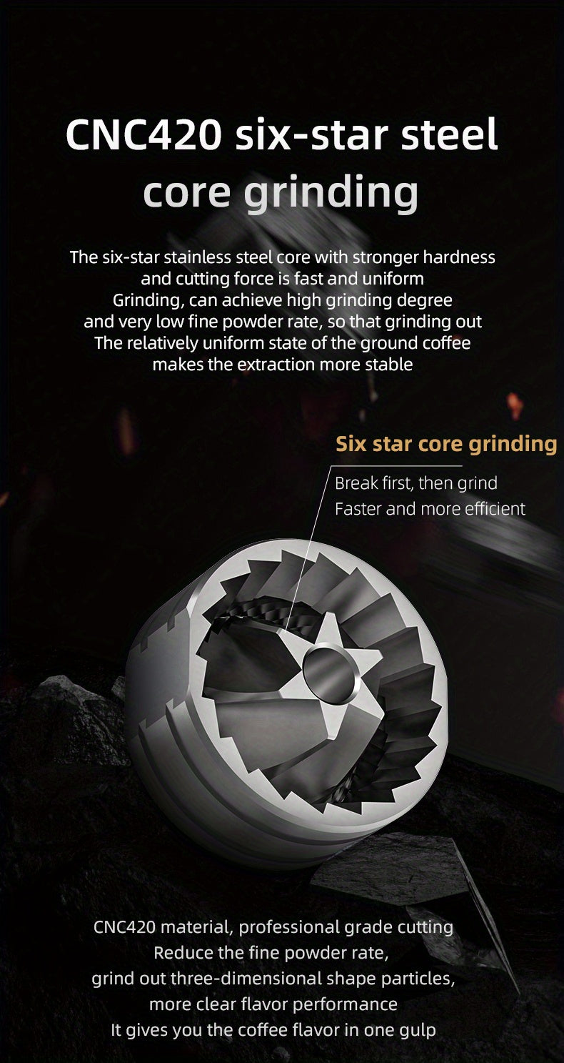 Bincoo Phantom Series Manual Coffee Grinder Featuring 6 Star Steel Burrs, a Portable Hand Crank Mill with Adjustable Grind Settings Suitable for Espresso, Pour Over, French Press, And Drip Coffee, Ideal for Home, Travel, Camp