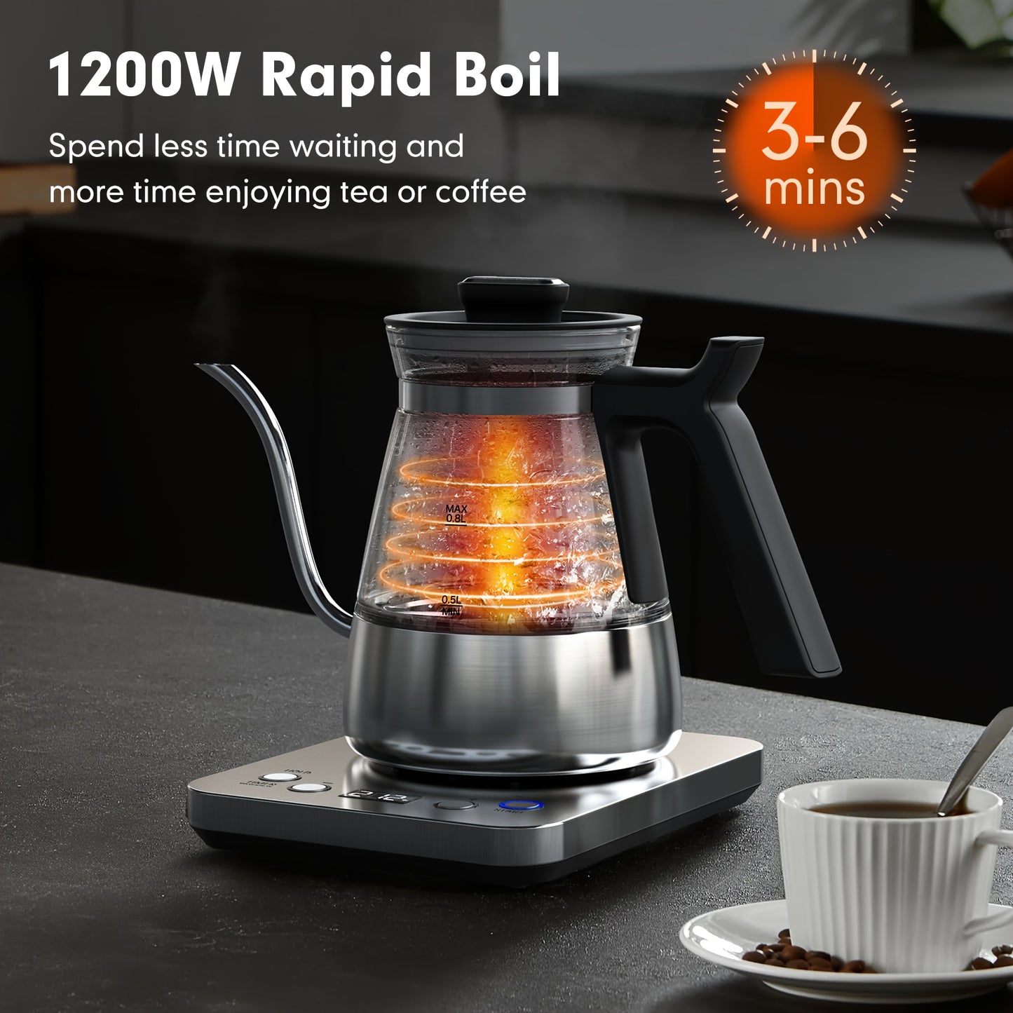 Electric Gooseneck Glass Kettle with Temperature Control, 1200W Rapid Boiling Electric Kettle for Pour-Over Tea Coffee, LCD Display, 1H Keep Warm, 0.8L, Silvery