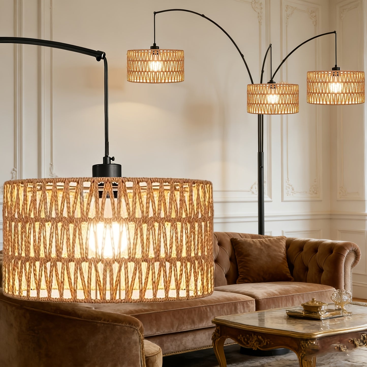 Arc Floor Lamps Designed for Living Spaces, Featuring a Farmhouse Boho Style with a Marble Base, Suitable for Bedrooms And Offices. This Tall, Dimmable Lamp Comes with Rattan Lampshades, Perfect for Reading, And Is Available