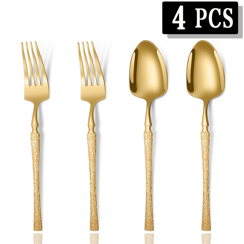4/8pcs Premium Vertical Stripe Handle Stainless Steel Cutlery Set, Western Dining Utensils, Fork and Spoon Combo, Suitable for Home Kitchen, Hotel Restaurant, Wedding Party, Holidays, Christmas, Easter, Thanksgiving