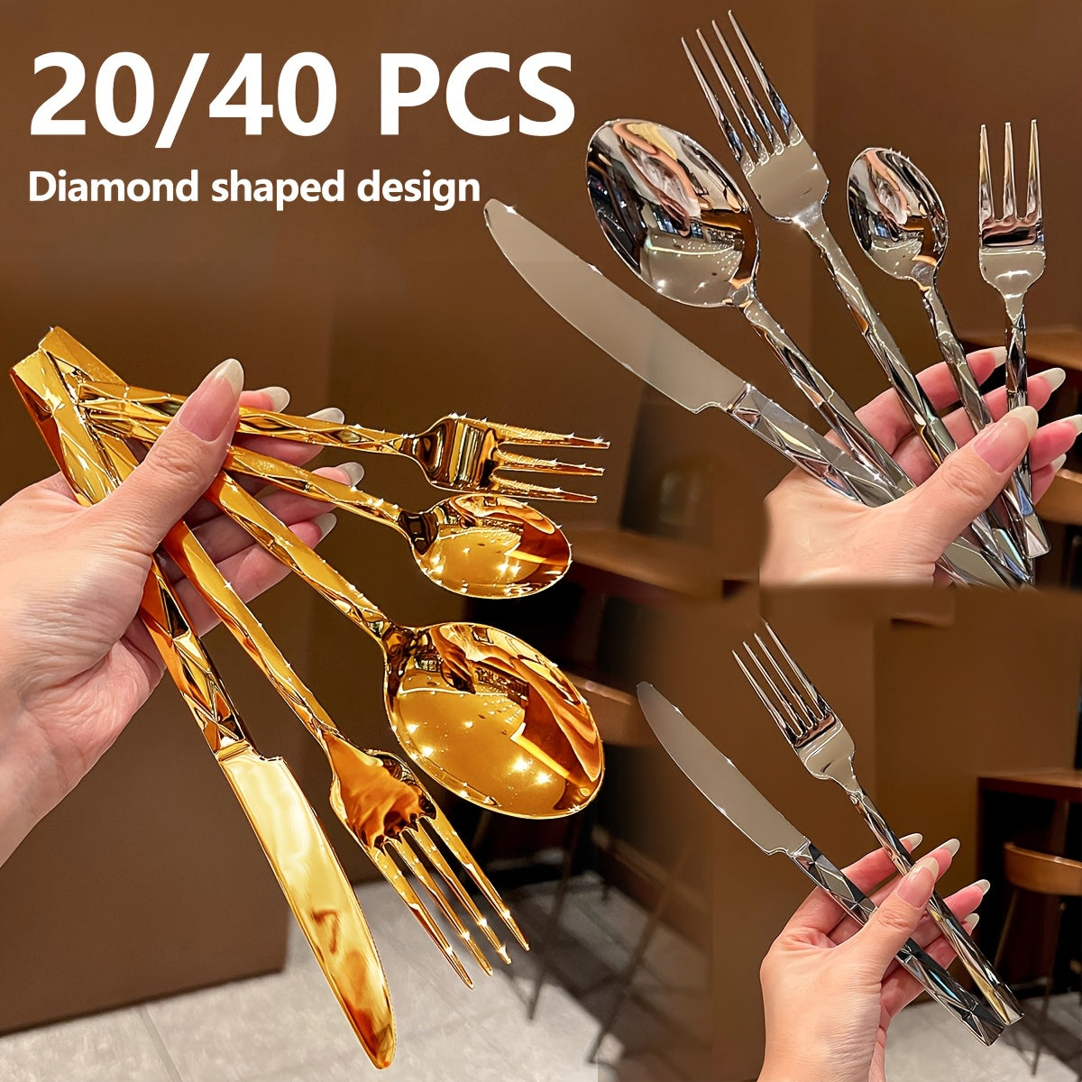 20/40pcs Luxurious Stainless Steel Dinnerware Set | Diamond-Cut Pattern, Elegant Tableware for Kitchen, Home, Weddings, Parties, Christmas, and Housewarming, Polished Mirror End, Dishwasher Safe