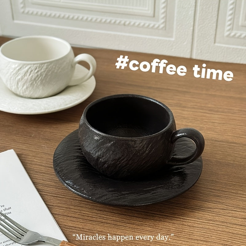 Single Set Vintage Matte Stone-Patterned Ceramic Coffee Cup & Saucer | Exquisite Latte Art Cup for Home & Café, Elegant Afternoon Tea Gift, Non-Slip, Hand Wash Only