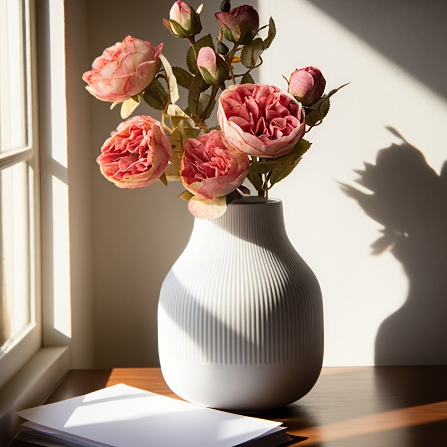 1pc White Minimalist Striped Plastic Vase | Nordic Modern Home Decor, Hydroponic Display Container, Suitable for Living Room, Dining Room, and Bedroom Display, Bohemian Style, Cylinder Shape, Use Without Electricity