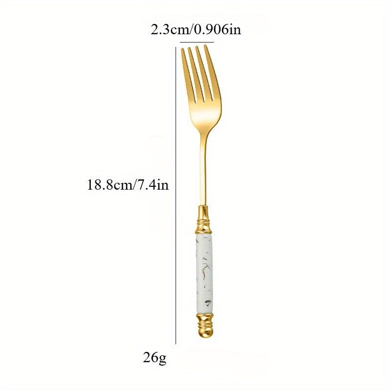 Stylish Stainless Steel Cutlery with a Marble Design, Featuring Vintage Ceramic Handles, Perfect for Upscale Western Meals, Desserts, And Tea Service