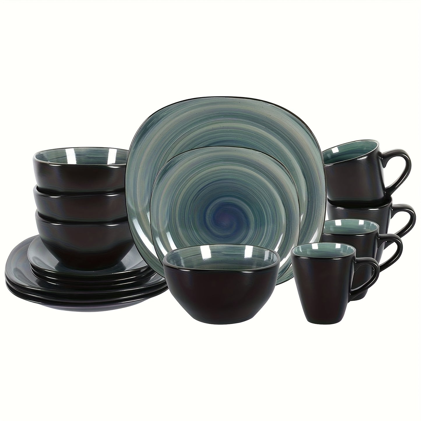 Hand-Brushed Square Stoneware Dinnerware Set (16-Piece) – Black Trim Plates & Bowls for 4
