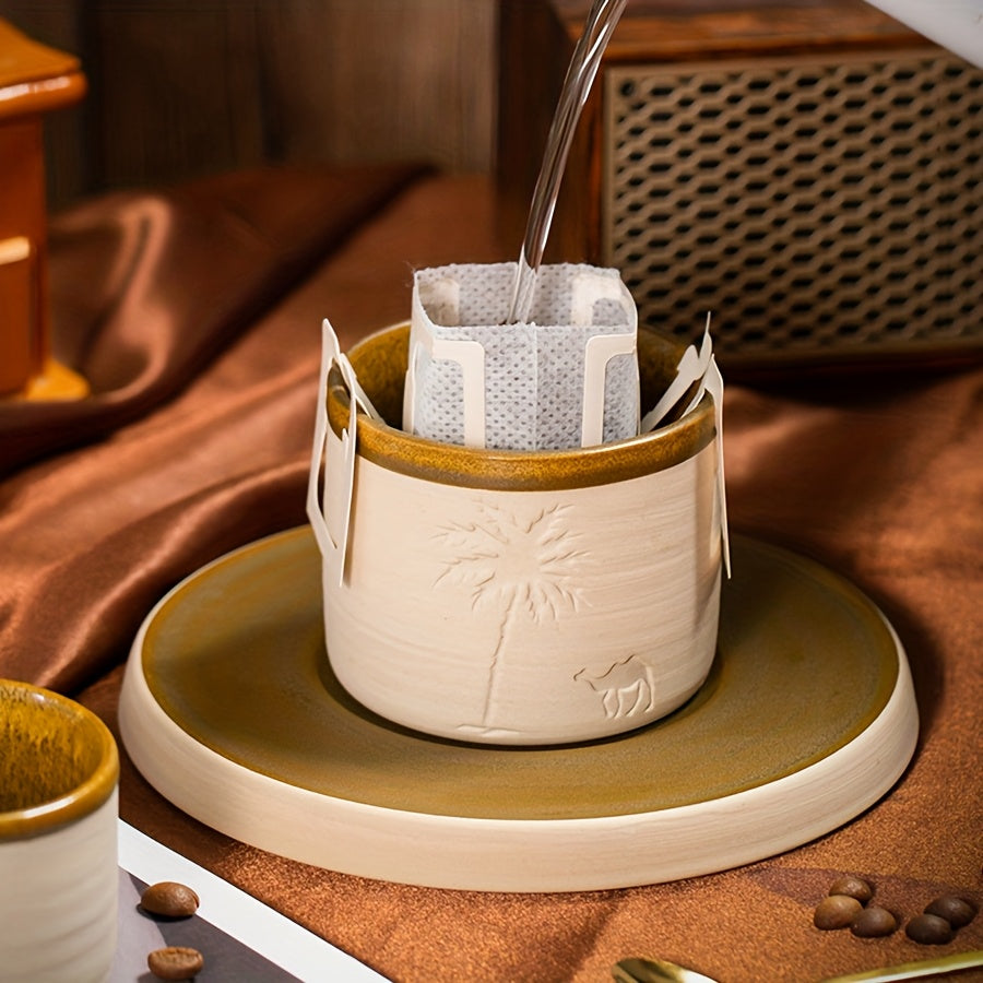 1pc YUMIPLUS Hand-Carved Desert Camel & Arabic Stoneware Coffee Cup - Ceramic Espresso, Tea, and Hot Beverage Vessel Suitable for Latte, Cappuccino, Cocoa - Middle Eastern