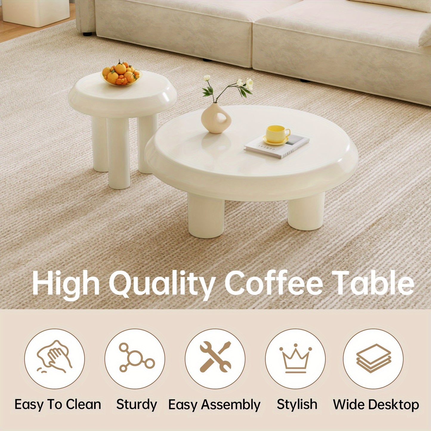 Modern Nesting Coffee Table Set – Cream White Round Tables (Set of 2)