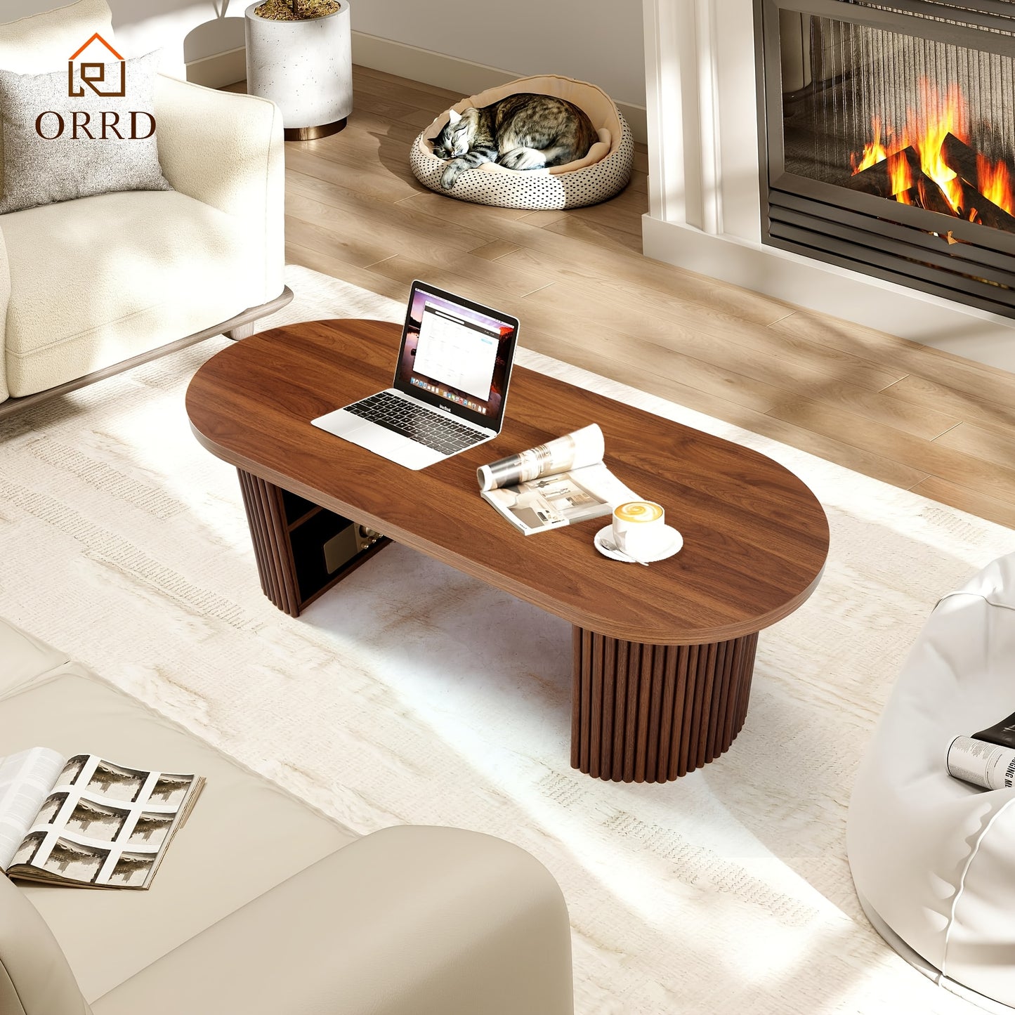 OOval Fluted Coffee Table with Storage – Farmhouse Mid-Century Center Table (47”)