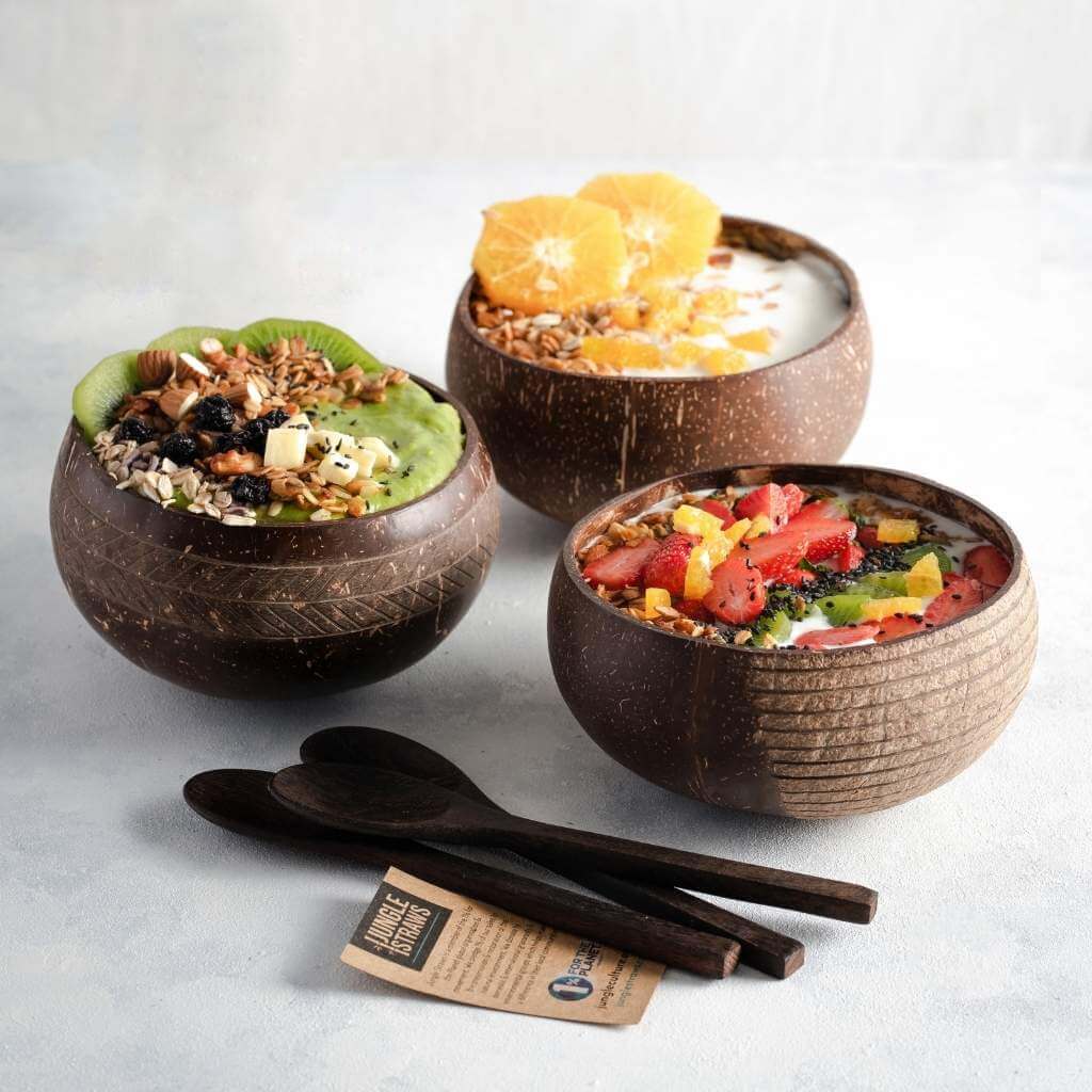 Eco-Friendly Coconut Bowls & Spoons Set - Reclaimed Coconuts, Plastic-Free, 4-Piece.