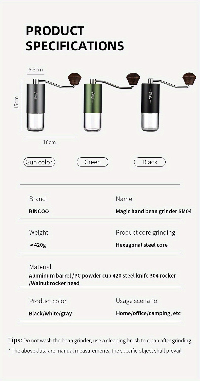 Bincoo Phantom Series Manual Coffee Grinder Featuring 6 Star Steel Burrs, a Portable Hand Crank Mill with Adjustable Grind Settings Suitable for Espresso, Pour Over, French Press, And Drip Coffee, Ideal for Home, Travel, Camp