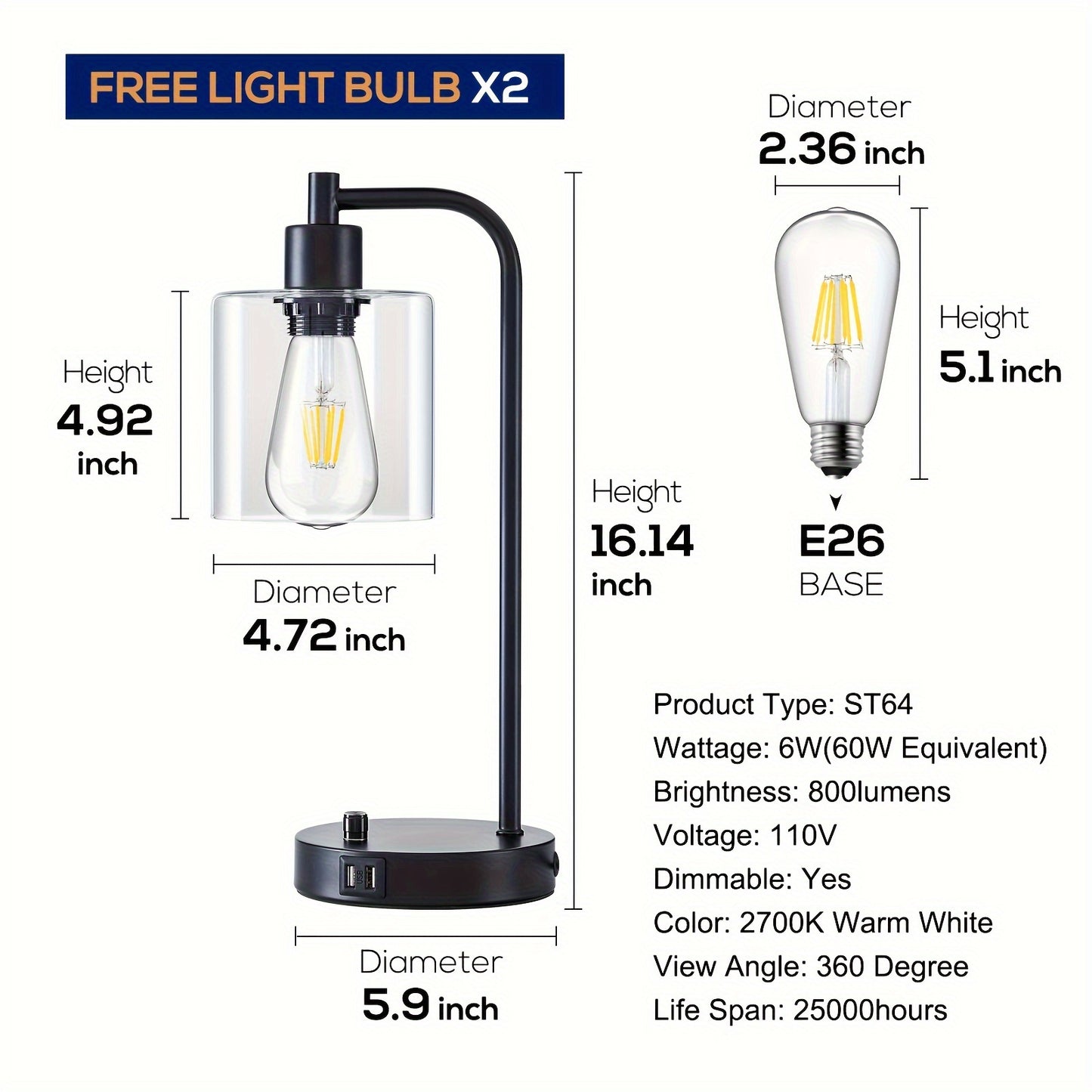 Set of 2 Industrial Table Lamps with 2 USB Port, Fully Stepless Dimmable Lamps for bedrooms, Bedside Nightstand Desk Lamps with Seeded Glass Shade for Reading Living Room Office 2 LED Bulb Included