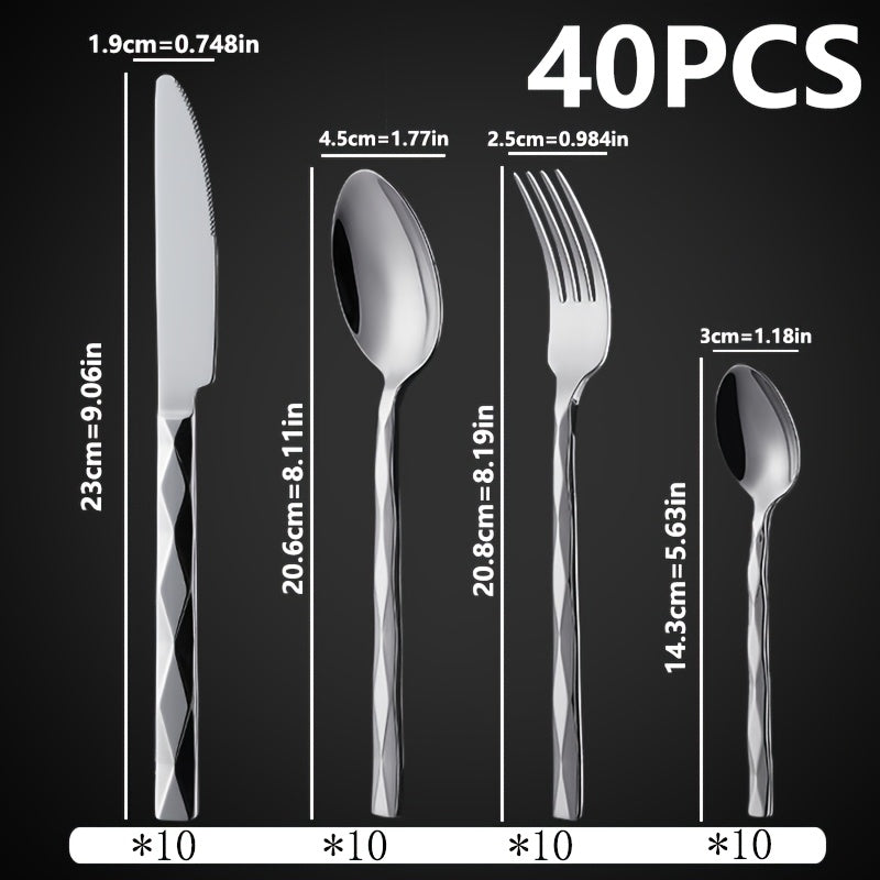 20/40pcs Luxurious Stainless Steel Dinnerware Set | Diamond-Cut Pattern, Elegant Tableware for Kitchen, Home, Weddings, Parties, Christmas, and Housewarming, Polished Mirror End, Dishwasher Safe