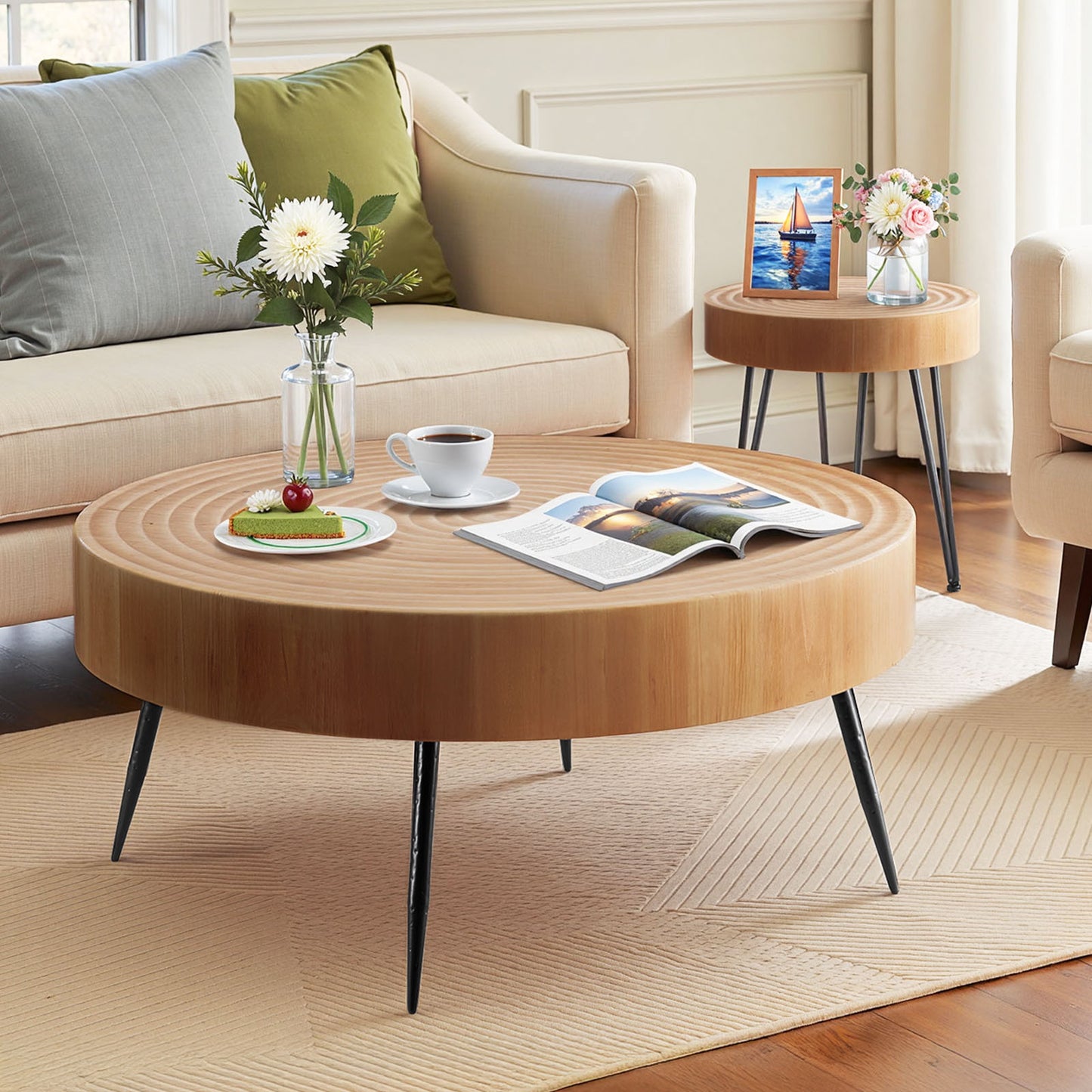 Round Coffee Table Set of 2 – 31.3” Center Table + Matching End Table