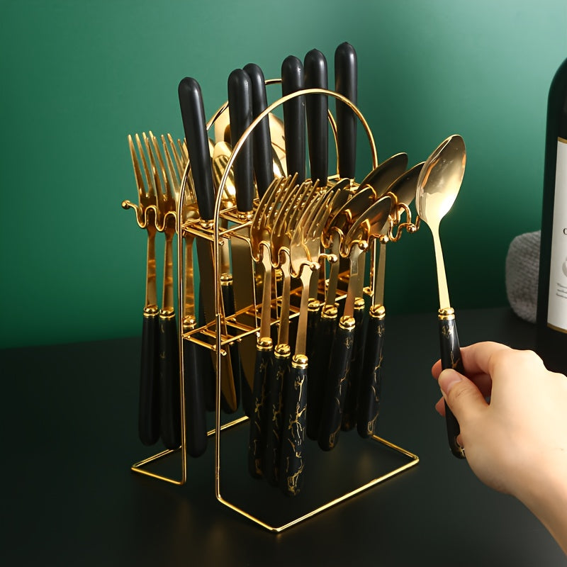 [Ideal Gift] 24pcs Stainless Steel Flatware Set with Steak Knife Holder - Elegant Modern Nordic Dark Green - Heavy Duty 304 Stainless Steel, Durable and Smooth Surface, Ideal Gift Box for Home and Hotel Dining - Complete Cutl